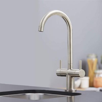 EVO SHANNON BRUSHED NICKEL MONO DUAL LEVER SWAN NECK KITCHEN SINK MIXER TAP with SWIVEL SPOUT, KTAP003BN EVO SHANNON BRUSHED NICKEL MONO DUAL LEVER SWAN NECK KITCHEN SINK MIXER TAP with SWIVEL SPOUT, KTAP003BN